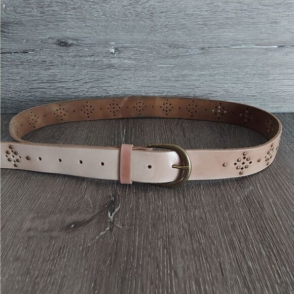 Tan Perforated Stud Belt Brass Tone Buckle 42" Long - Picture 2 of 6